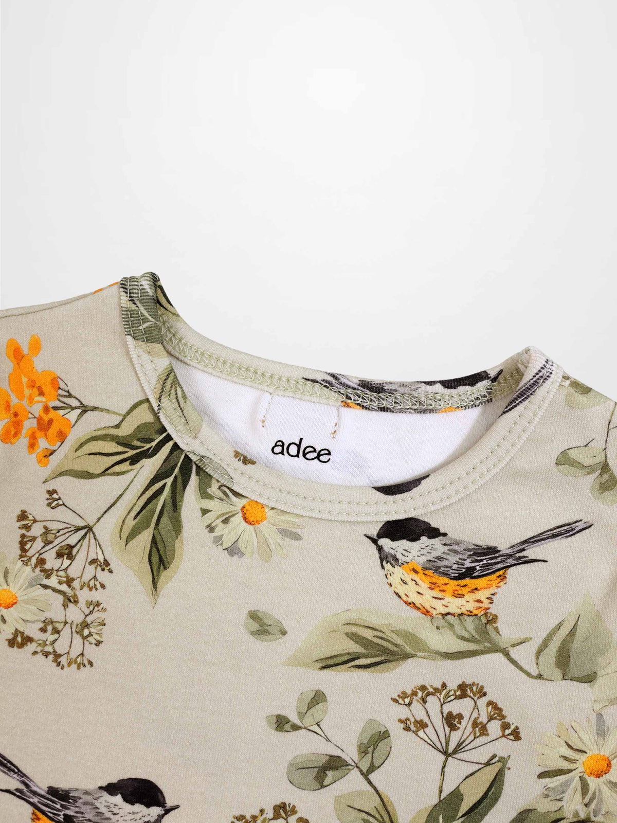 Garden Finch Short Sleeve T-Shirt by Adee, beige floral bird print, girls top