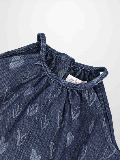 Adee Denim Heart Romper for girls; blue denim with heart print.