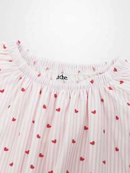 Girls pink heart nightgown by Adee with striped fabric and gathered neckline.