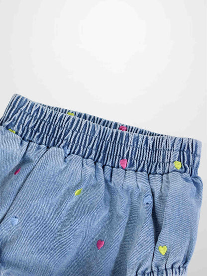 Embroidered Heart Denim Bloomers for girls, light blue denim with pink and lime hearts and an elastic waistband.