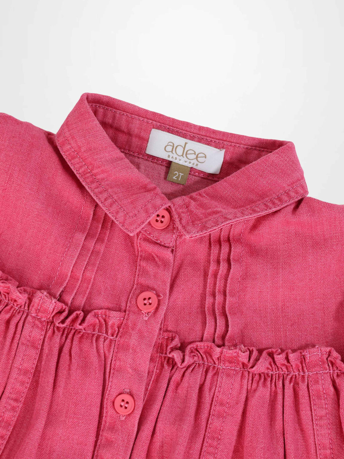 Adee pink denim short-sleeve dress for girls with collar, front buttons, and gathered waist.