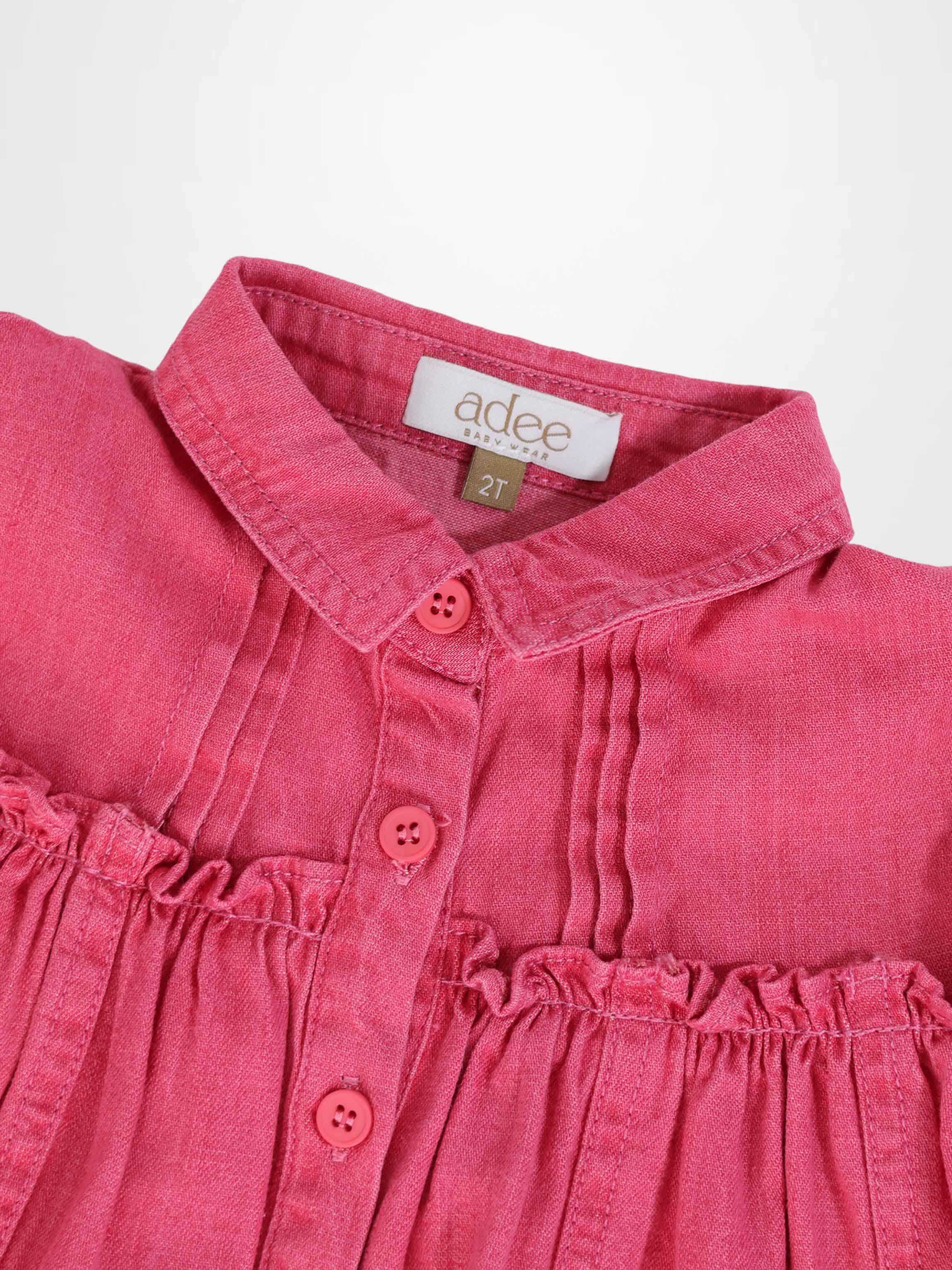 Adee pink denim short-sleeve dress for girls with collar, front buttons, and gathered waist.