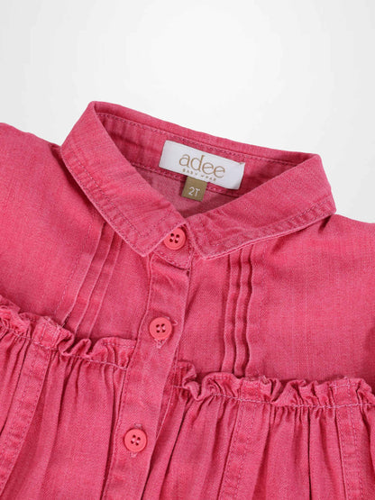 Adee pink denim short-sleeve dress for girls with collar, front buttons, and gathered waist.