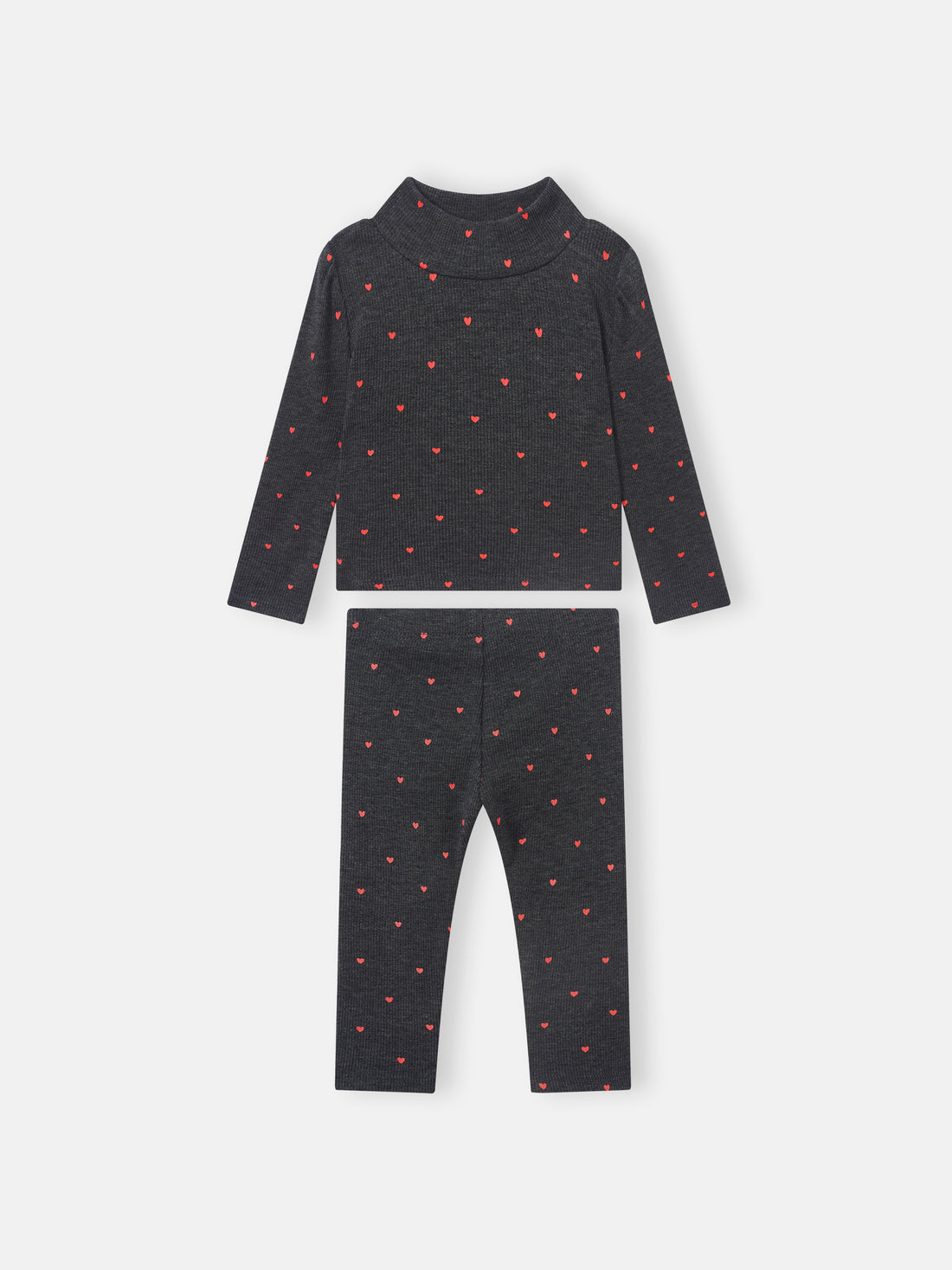 Ribbed Heart Set - Grey, two-piece knit set for little girls by Adee with red heart print on top and pants