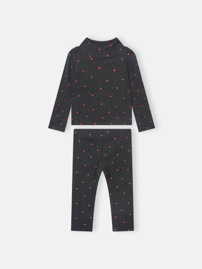 Ribbed Heart Set - Grey, two-piece knit set for little girls by Adee with red heart print on top and pants