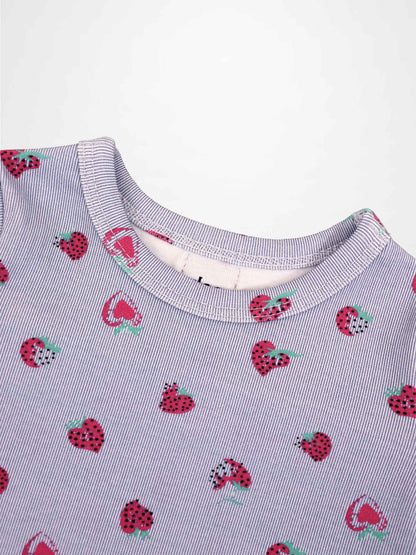 Adee Strawberry Bloomers Set for little girls; lavender striped knit fabric with pink strawberries.