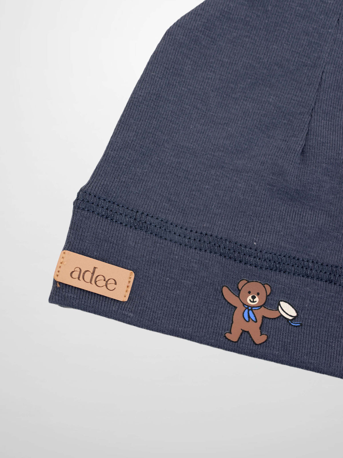 Teddy Frame Hat for boys; navy knit with Adee patch and teddy bear graphic