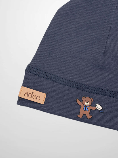 Teddy Frame Hat for boys; navy knit with Adee patch and teddy bear graphic