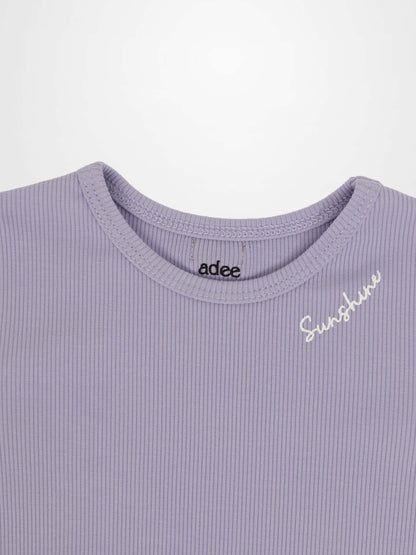 Lavender ribbed 3/4 sleeve tee with white &