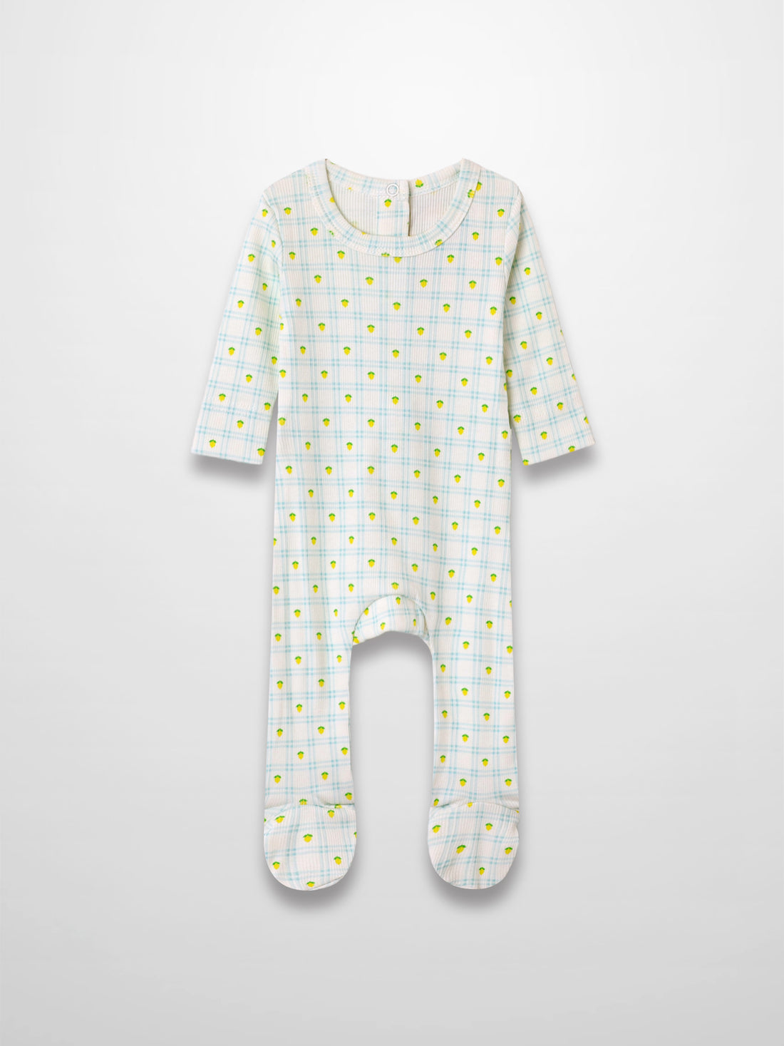 Lemon Window Stretchy baby boy footie in white with light blue grid plaid and yellow lemons.