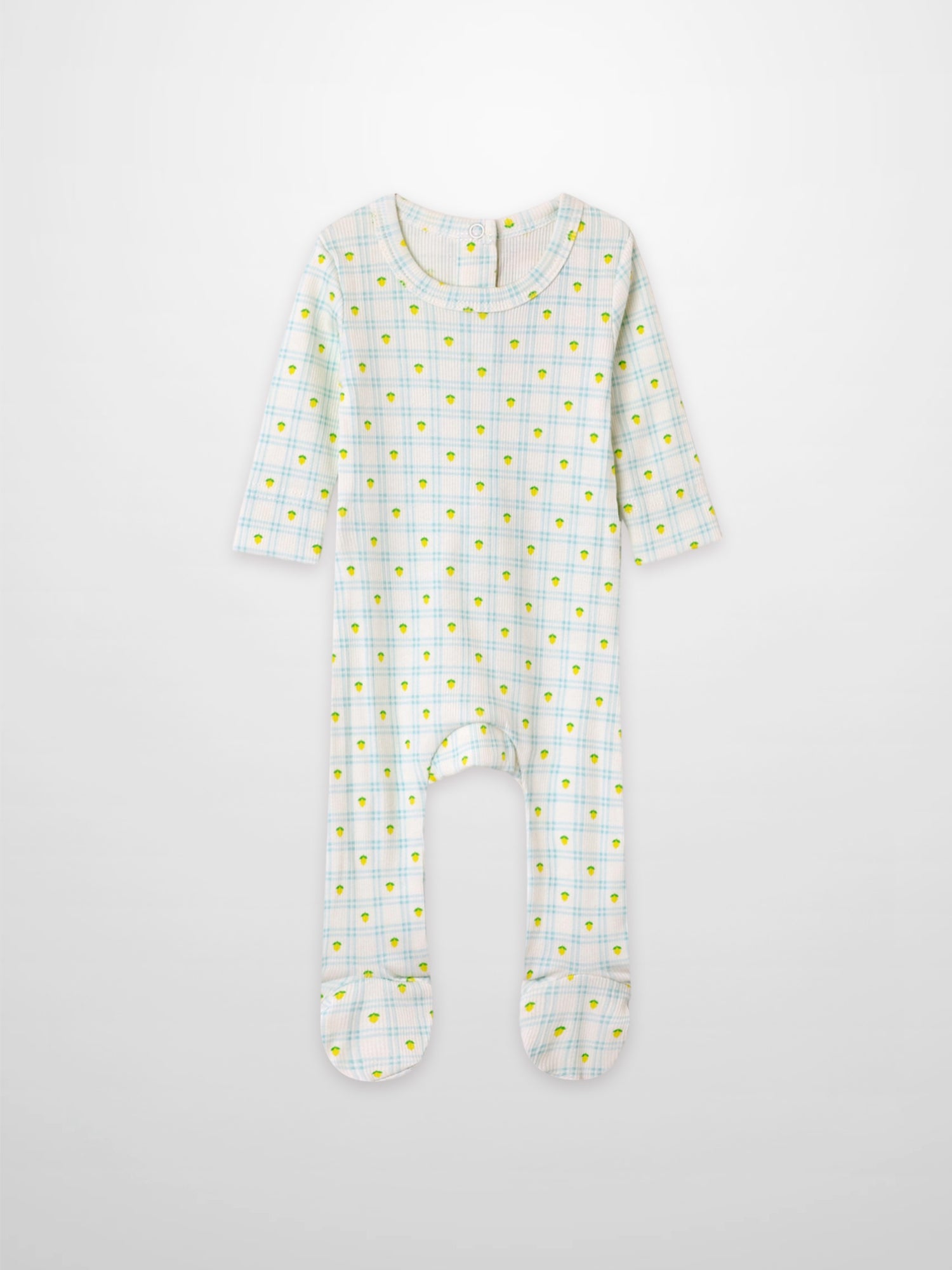 Lemon Window Stretchy boys footed romper by Adee on crisp white base with light blue plaid and yellow lemon print.