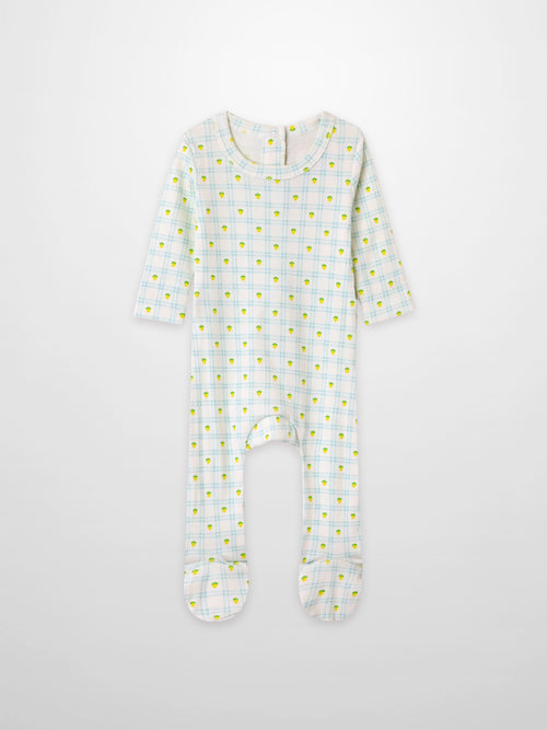 Lemon Window Stretchy boys footed romper by Adee on crisp white base with light blue plaid and yellow lemon print.