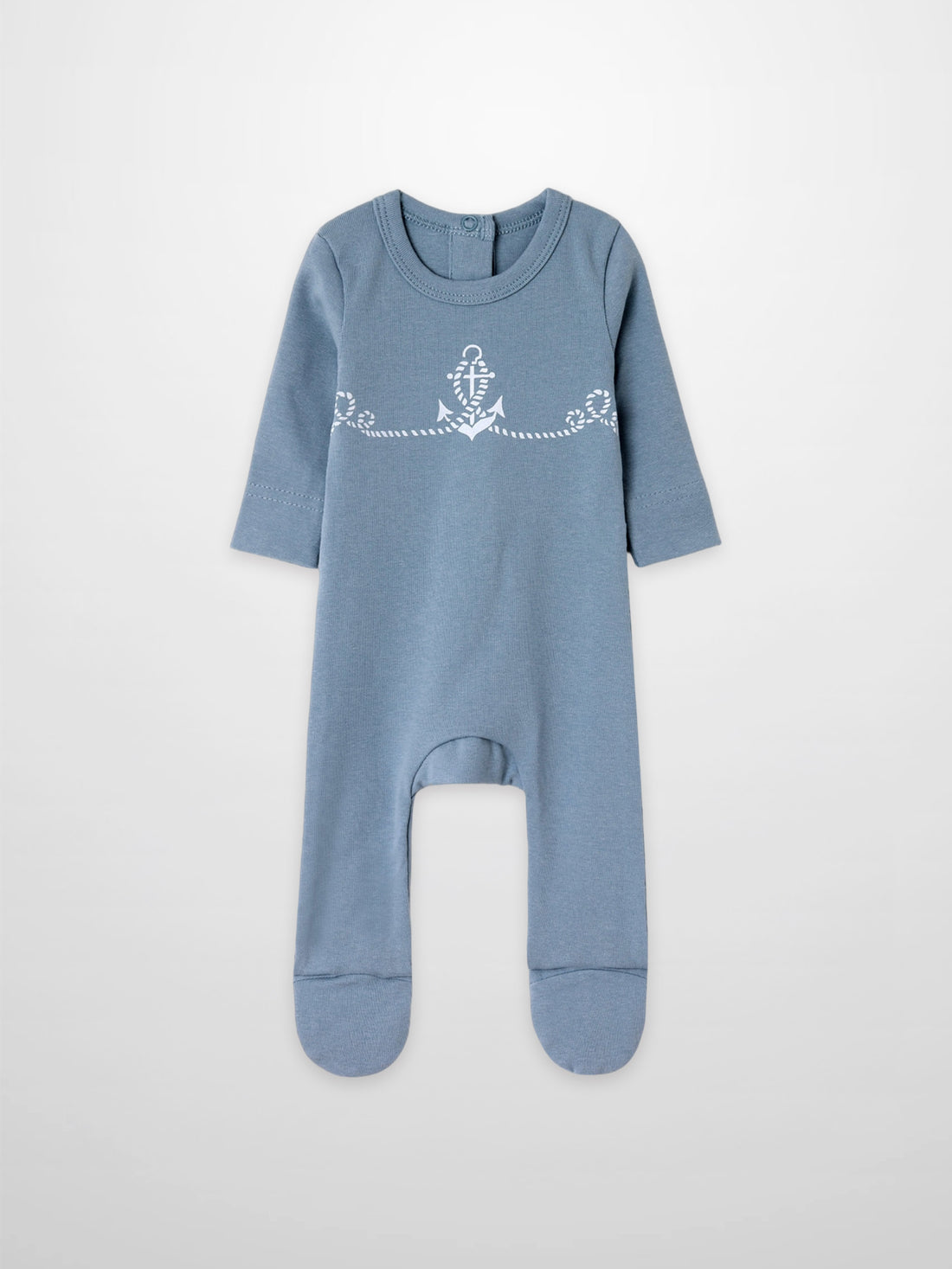 Blue Anchor Stretchy baby footed romper in light blue with a white rope and center anchor design.