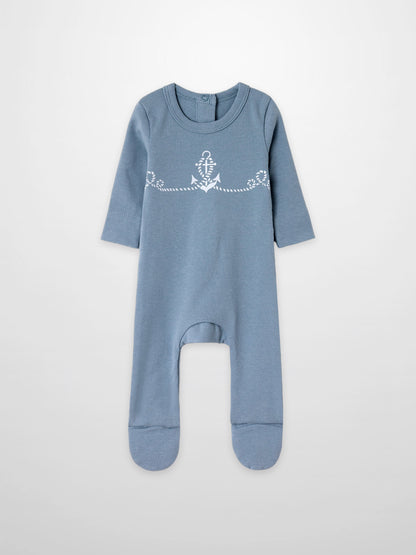 Blue Anchor Stretchy baby footed romper in light blue with a white rope and center anchor design.