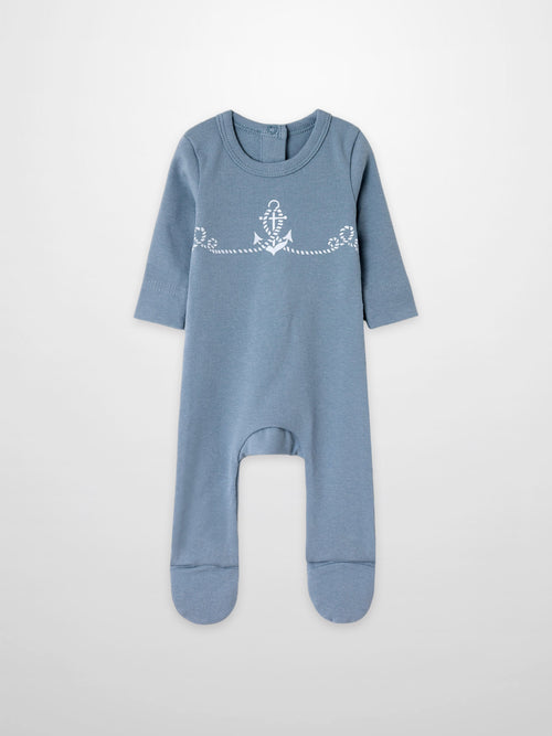 Blue Anchor Stretchy baby footed romper in light blue with a white rope and center anchor design.