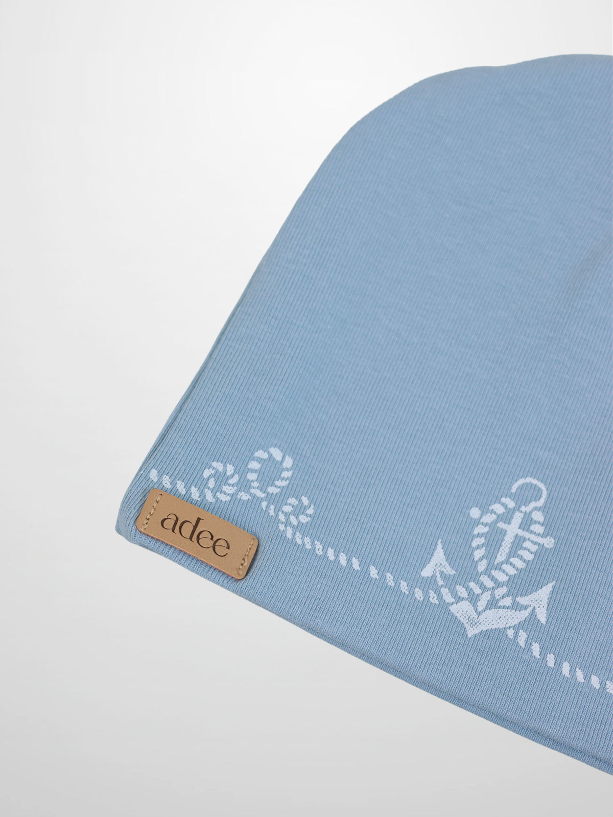 Blue Anchor Beanie for boys by Adee, light blue knit with white anchor print