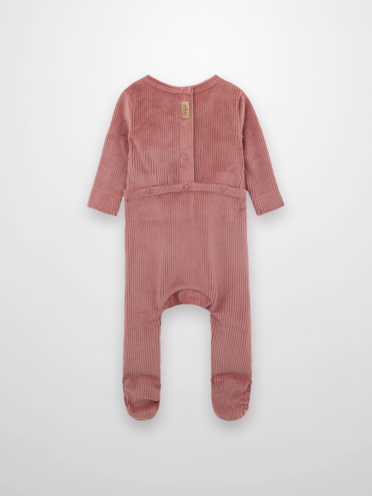 Adee velour pink jumpsuit with snaps on the back for easy dressing