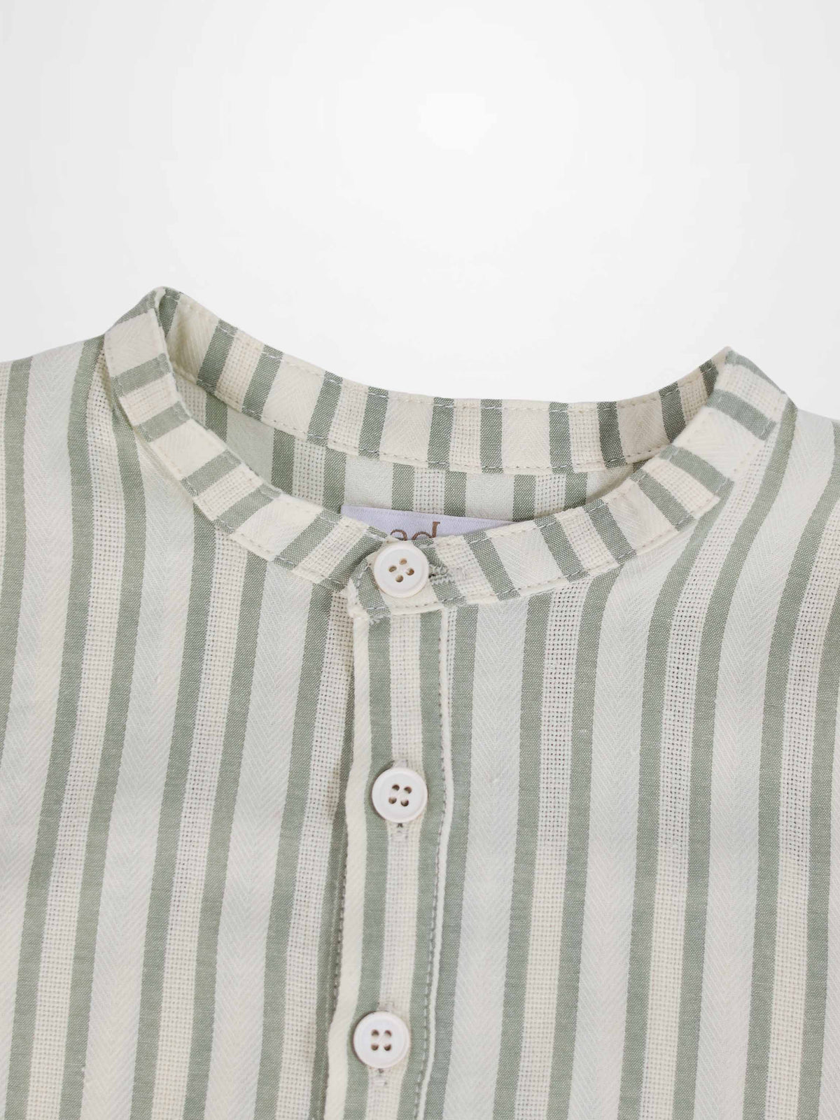Green striped Adee boys dress shirt with stand collar and white buttons