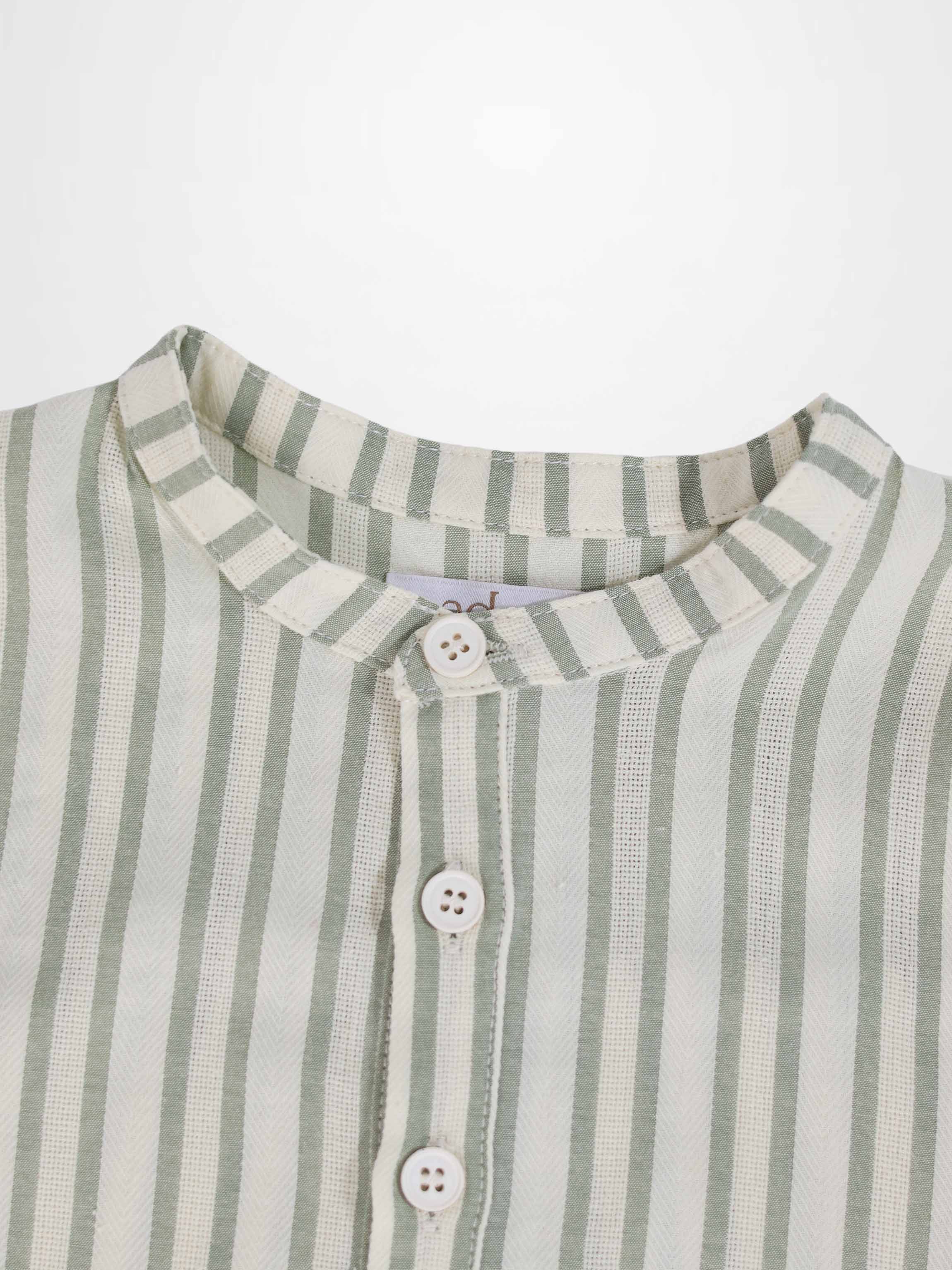 Green striped Adee boys dress shirt with stand collar and white buttons