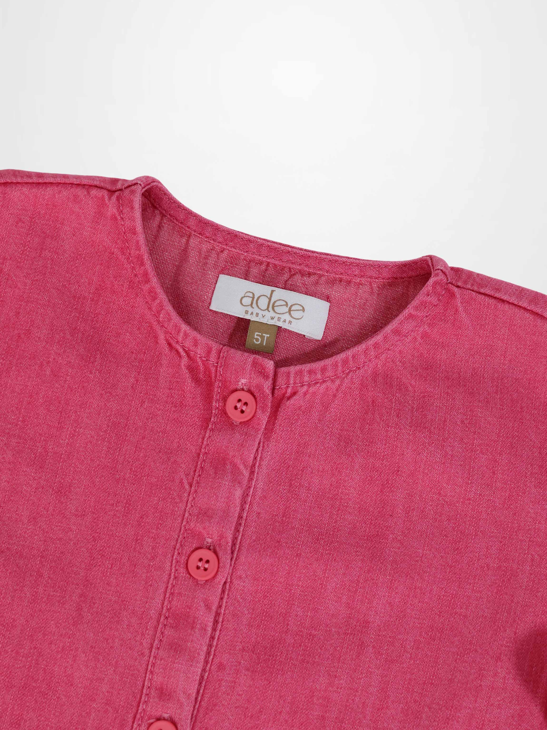 Adee Short Sleeve Henley - Pink Denim top for girls with button placket