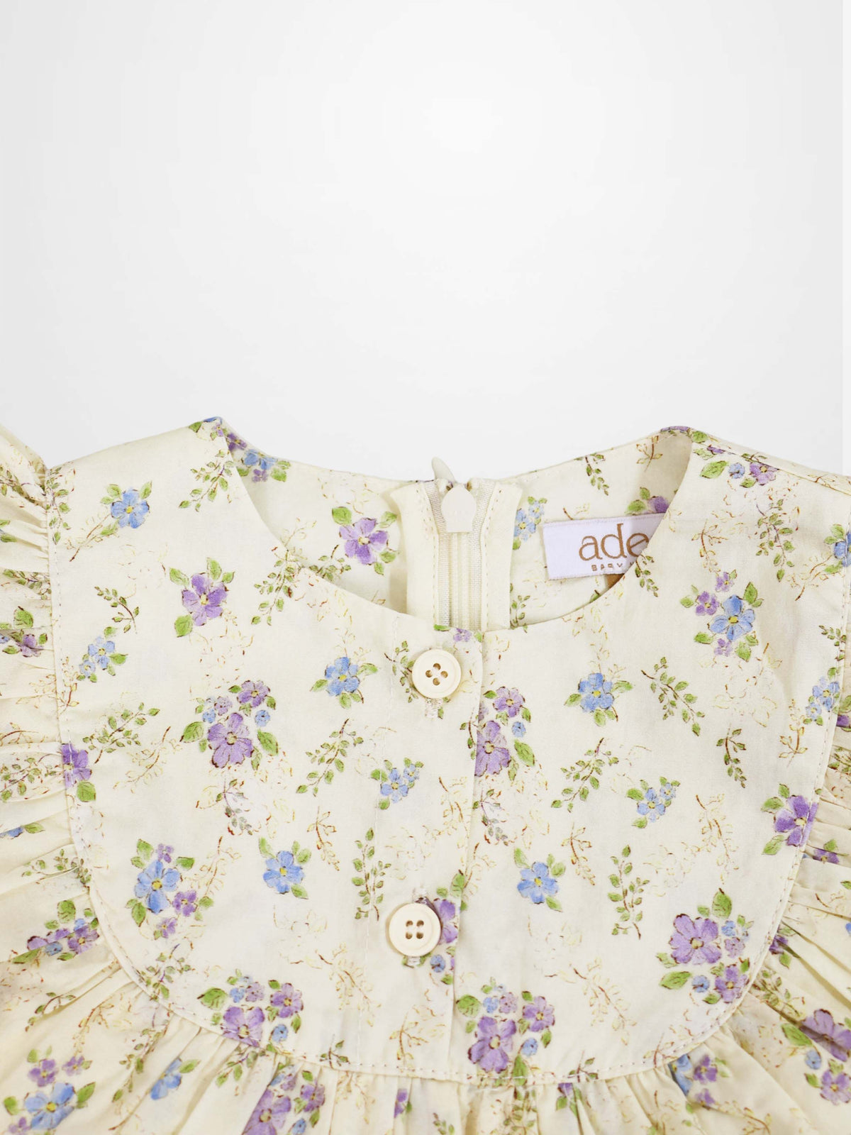 Ivory Flower Dress - Sleeveless, Adee, cream floral print with purple and blue flowers, back zipper