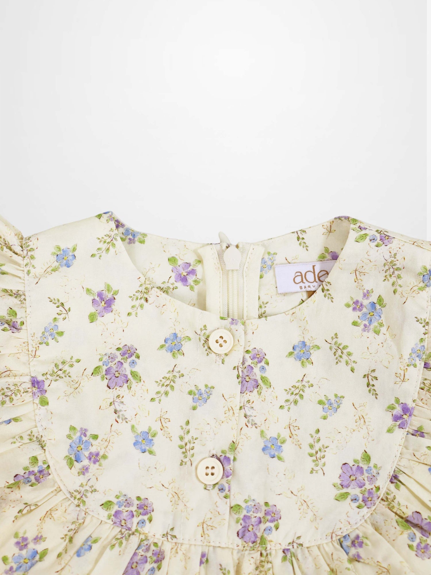 Ivory Flower Dress - Sleeveless, Adee, cream floral print with purple and blue flowers, back zipper