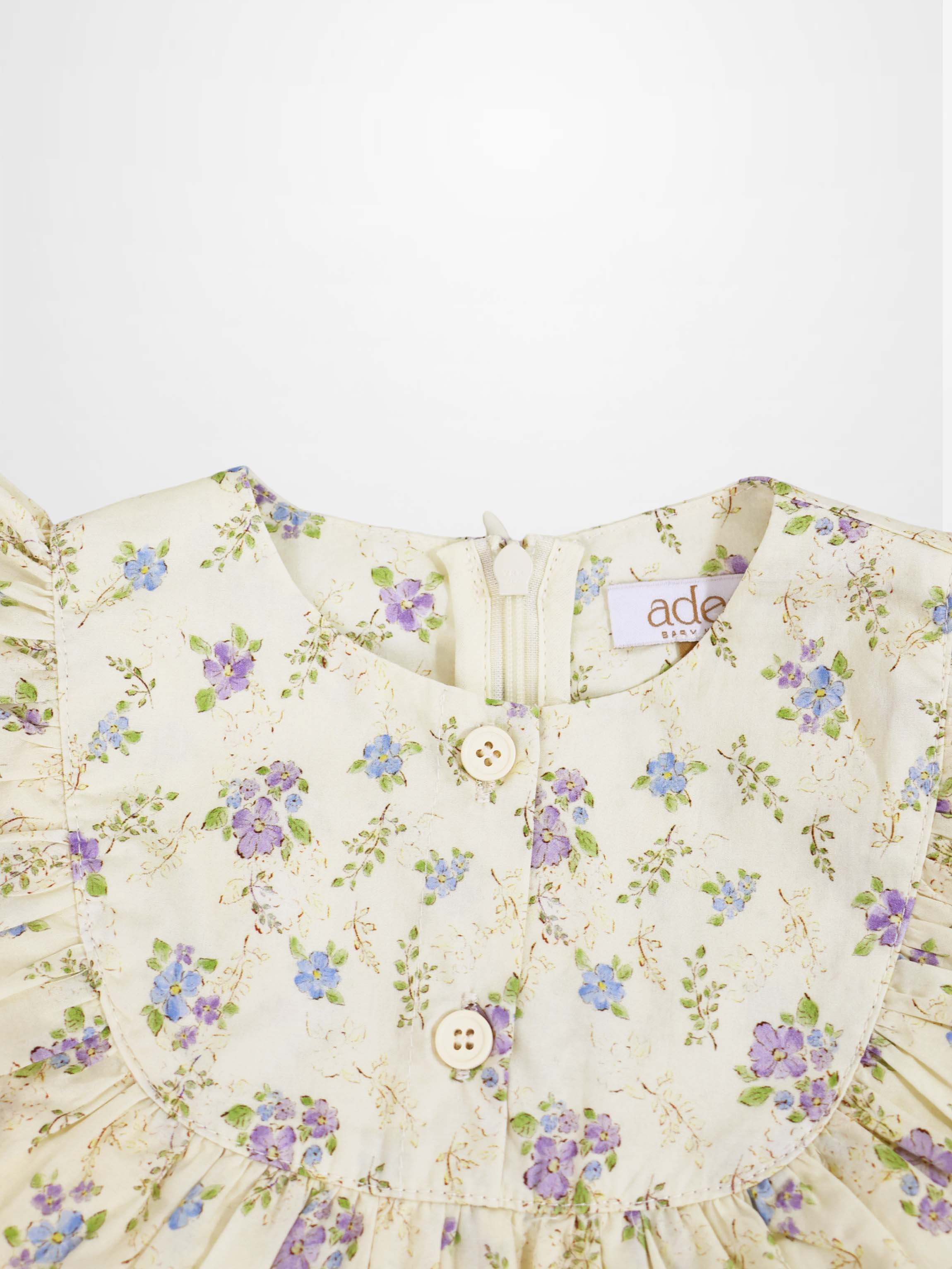 Ivory Flower Dress - Sleeveless, Adee, cream floral print with purple and blue flowers, back zipper
