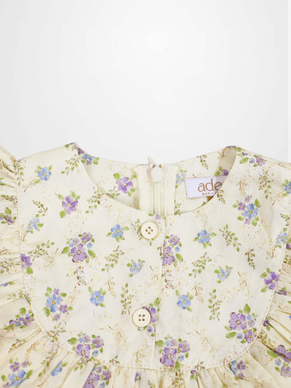 Ivory Flower Dress - Sleeveless, Adee, cream floral print with purple and blue flowers, back zipper