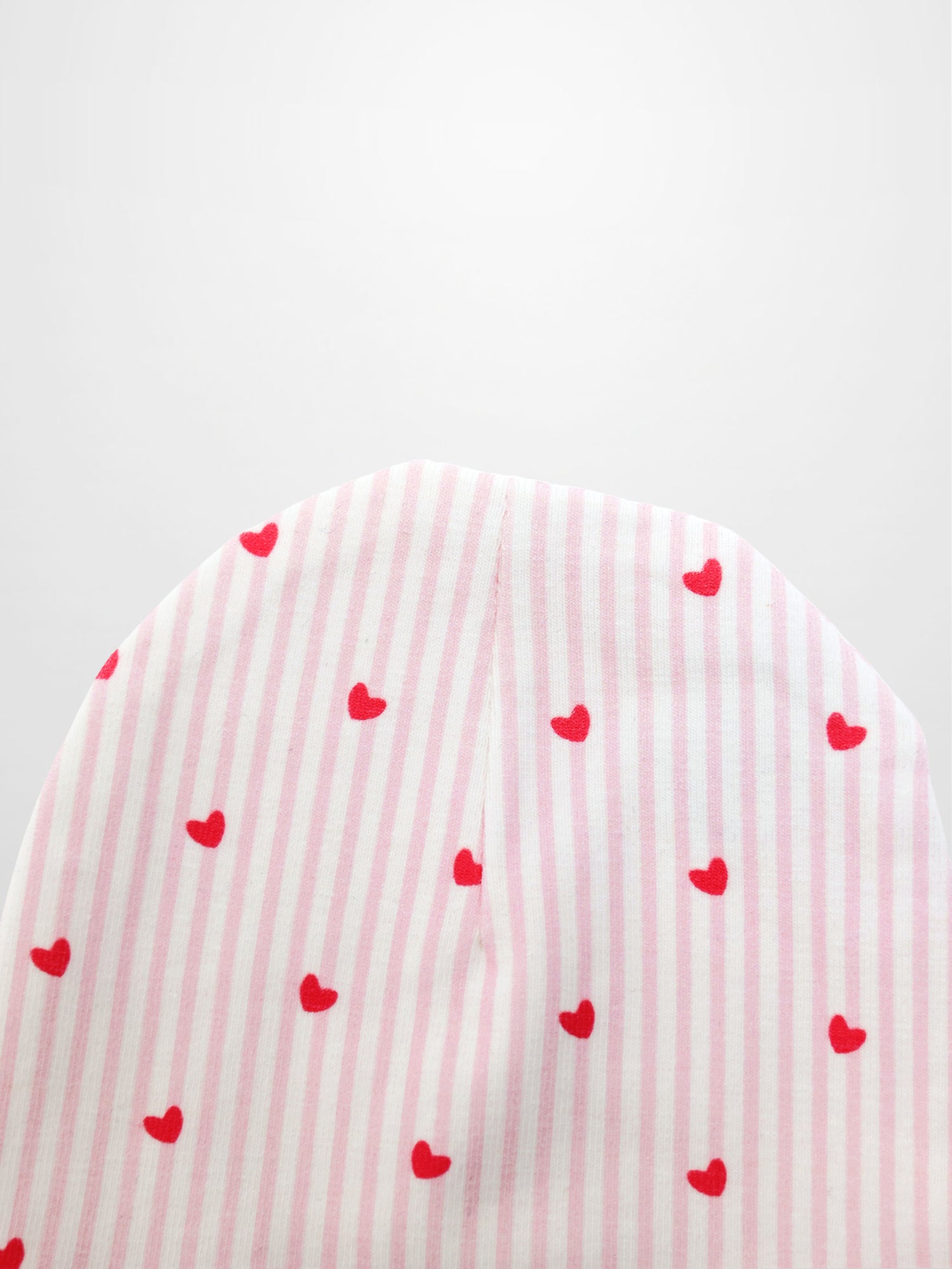 Pink Heart Hat for girls by Adee, pink striped fabric with red hearts.