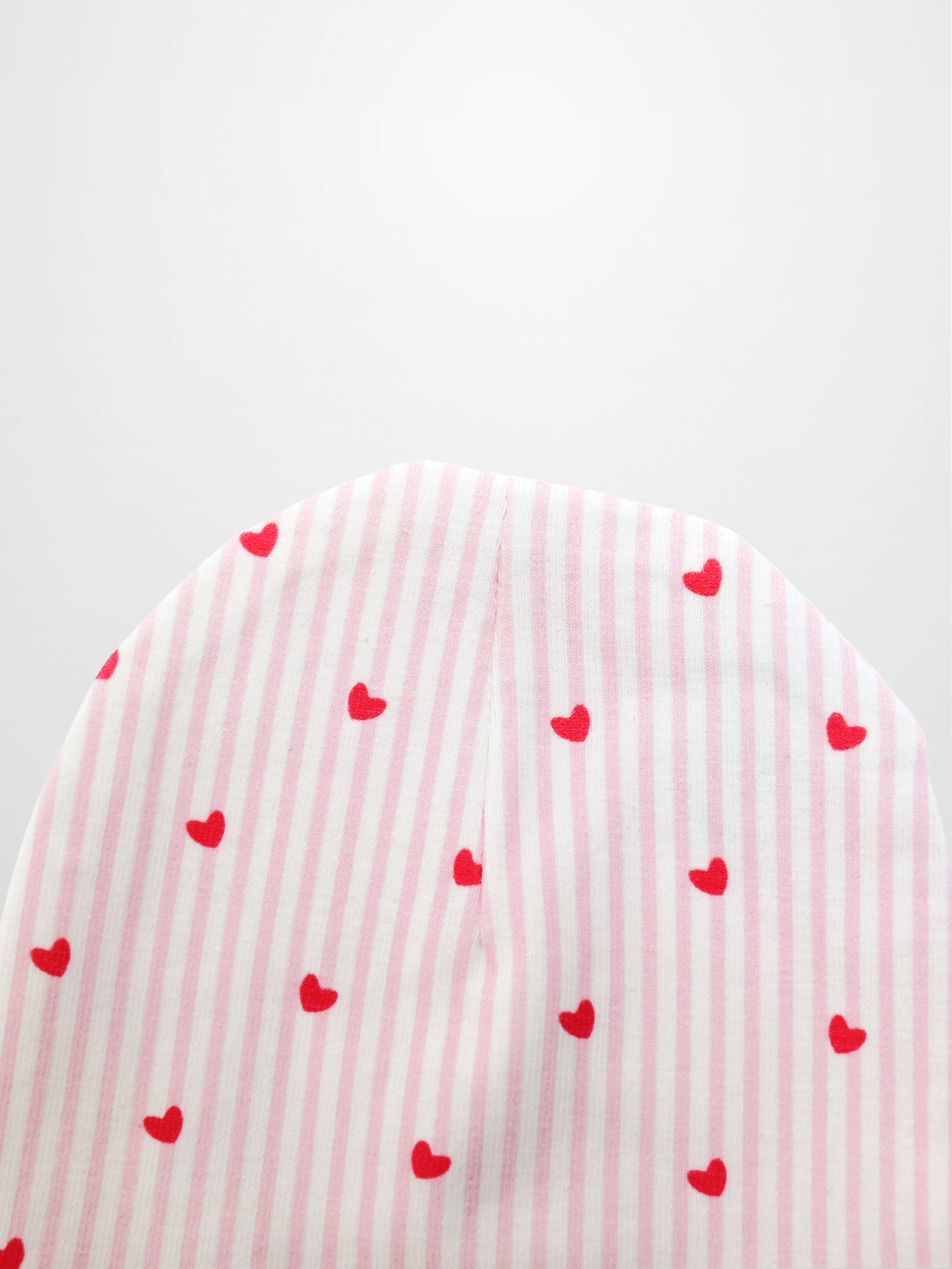 Pink Heart Hat for girls by Adee, pink striped fabric with red hearts.