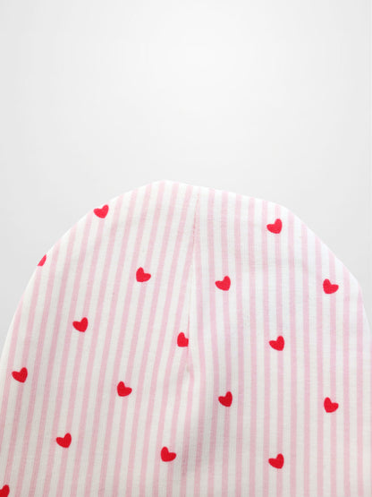 Pink Heart Hat for girls by Adee, pink striped fabric with red hearts.
