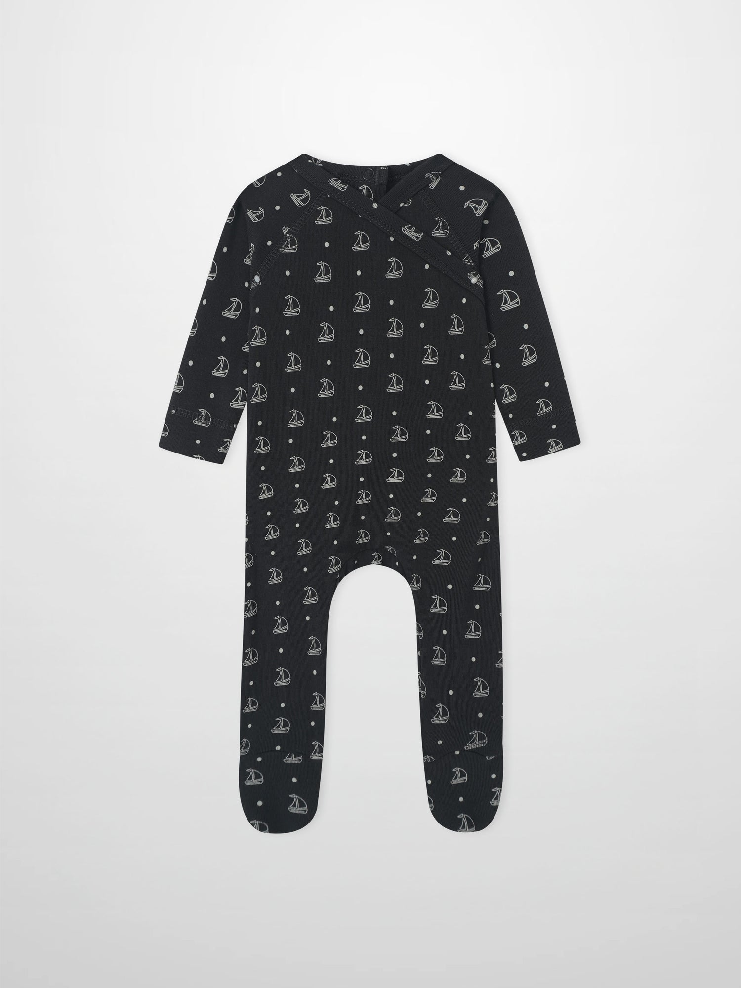 Harbor Dot Stretchy boys stretchies by Adee in navy with white sailboat pattern.