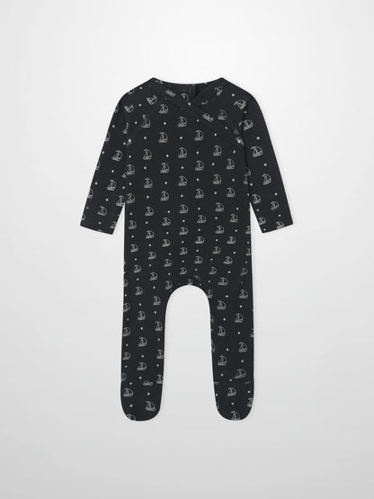 Harbor Dot Stretchy boys stretchies by Adee in navy with white sailboat pattern.