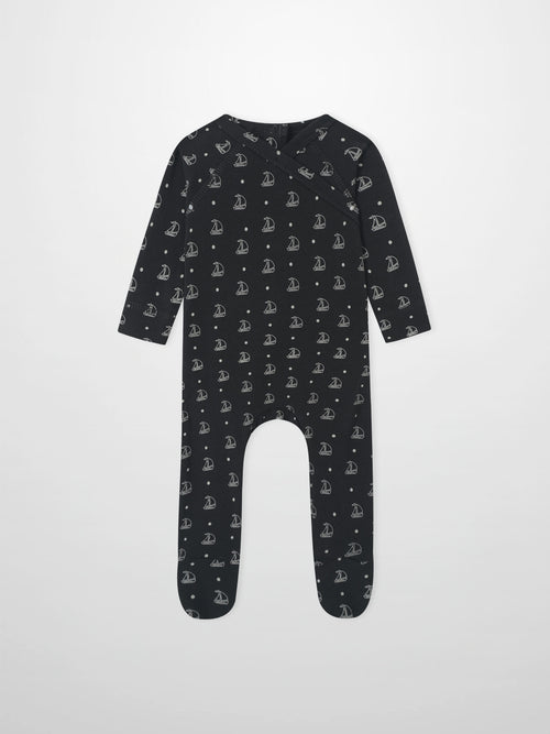 Harbor Dot Stretchy boys stretchies by Adee in navy with white sailboat pattern.