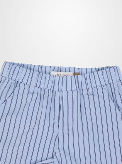Striped cotton shorts for boys by Adee, blue with dark vertical stripes and elastic waistband.