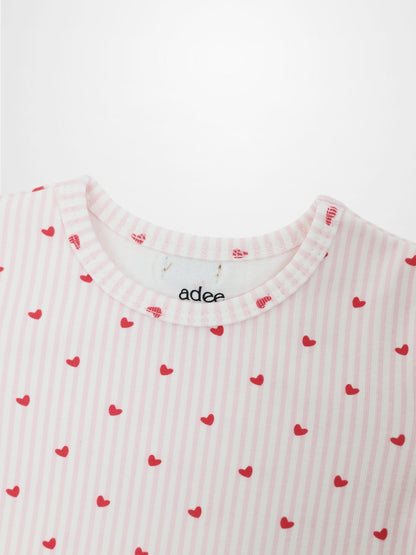 Pink Heart Pajamas for girls by Adee; pink striped fabric with red hearts.