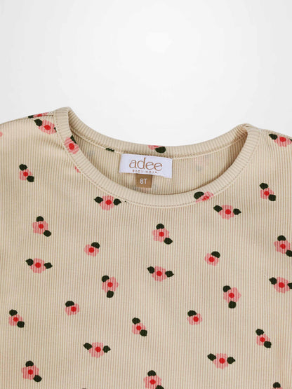Tan floral T-shirt for girls by Adee, soft ribbed knit with pink blossoms and green leaves, 3/4 sleeves.