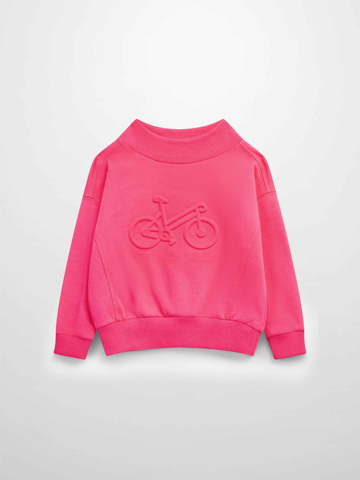 Bike Sweatshirt in neon pink with embossed bicycle design on back, ribbed cuffs and hem.