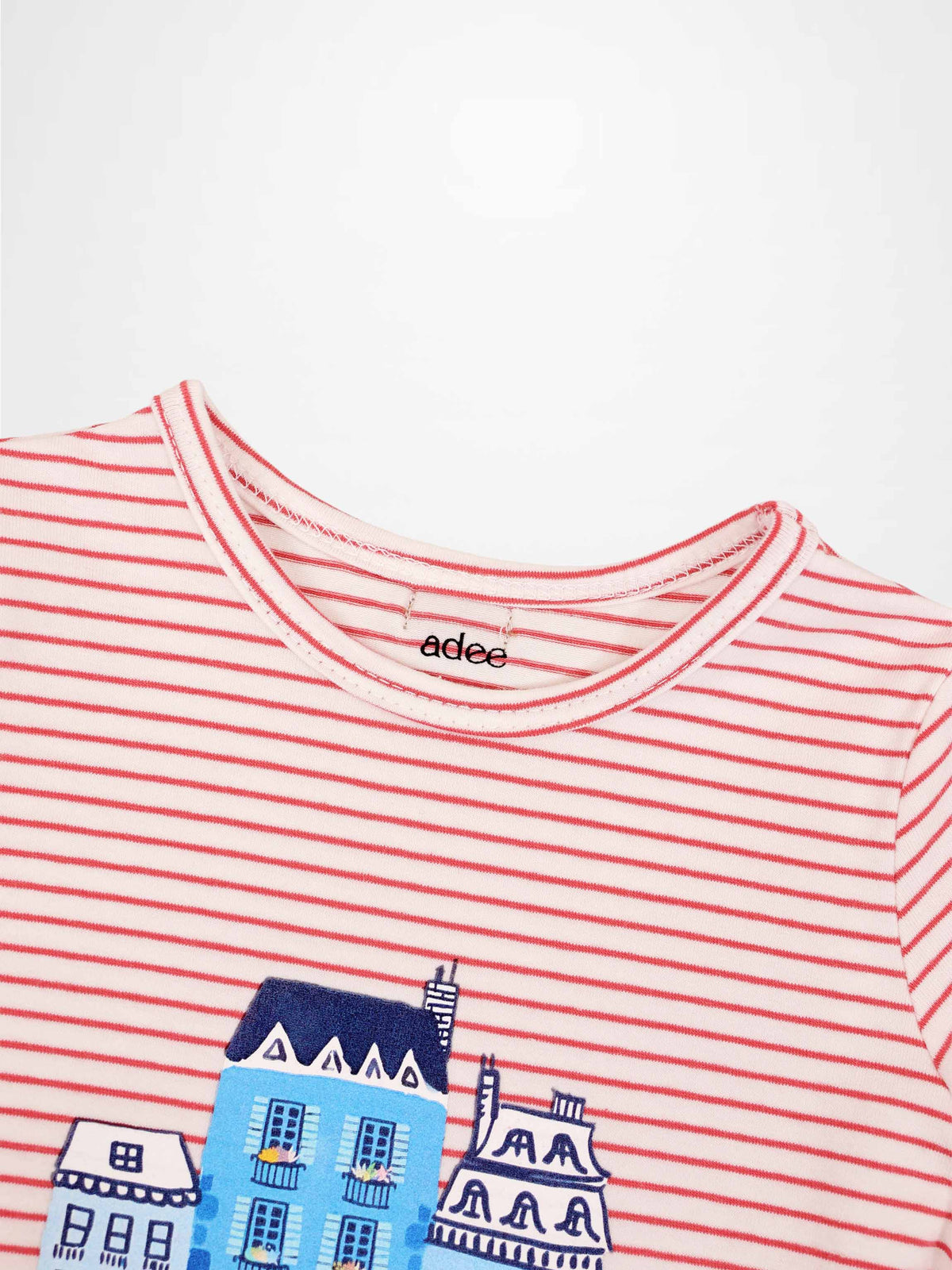 Little Paris Short Sleeve T-Shirt, pink and white striped girls top with blue city graphic by Adee