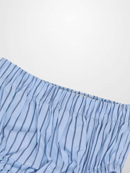 Striped cotton bloomers for boys by Adee, blue with dark vertical stripes and elastic waistband.