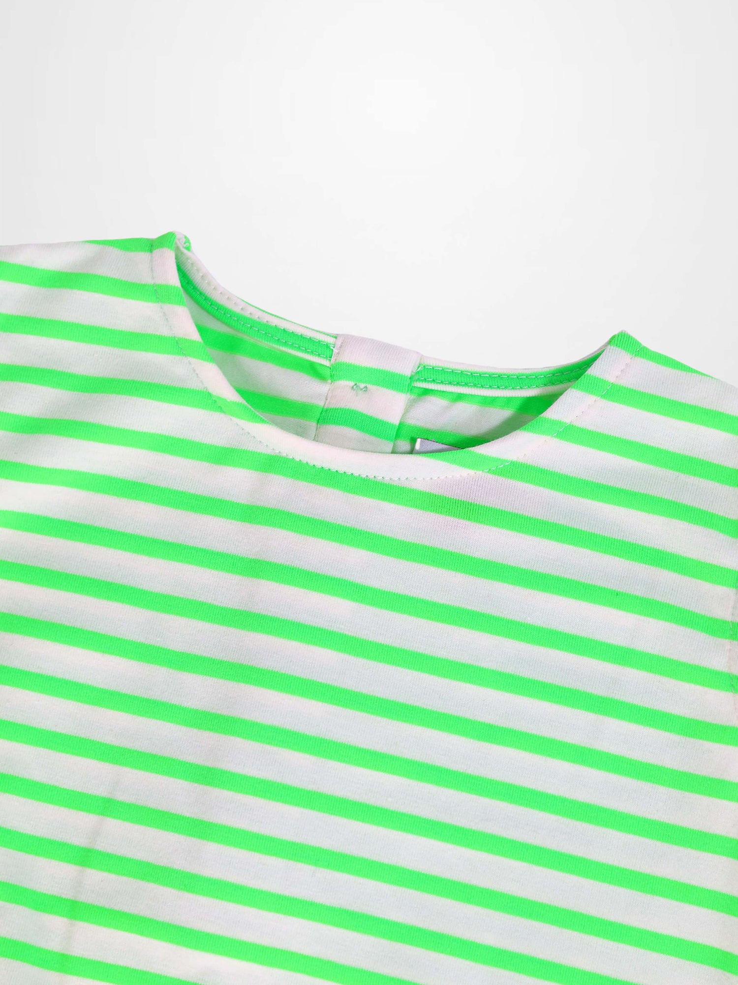 Neon Green Striped Romper for boys by Adee; close-up neckline with bright neon stripes