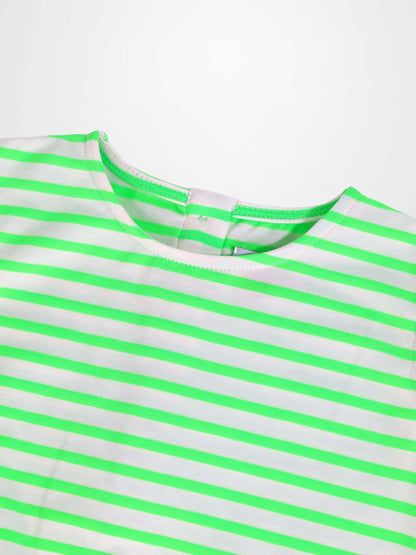 Neon Green Striped Romper for boys by Adee; close-up neckline with bright neon stripes