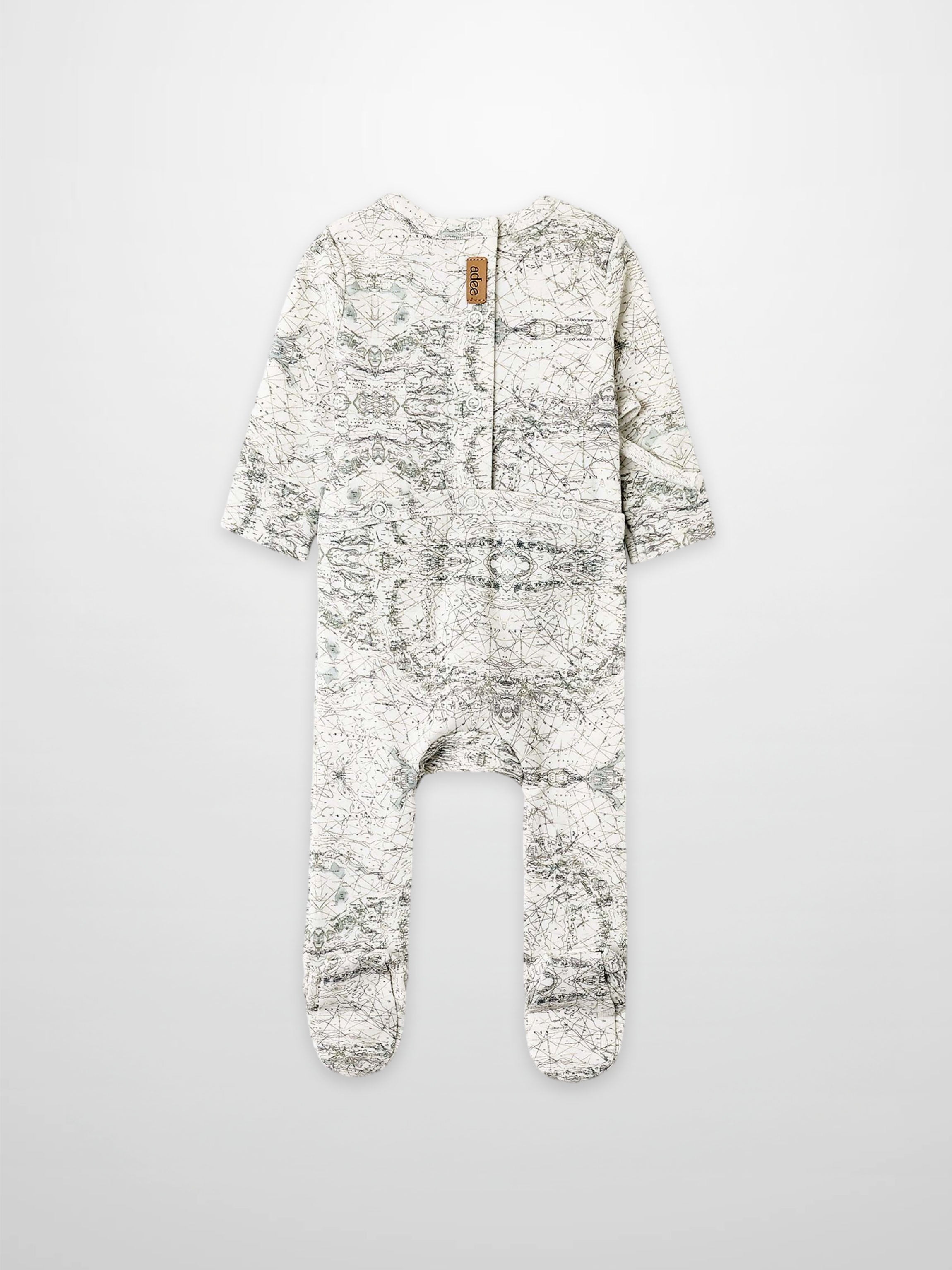 Map Stretchy boys stretchies in a finely sketched sage green map print by Adee