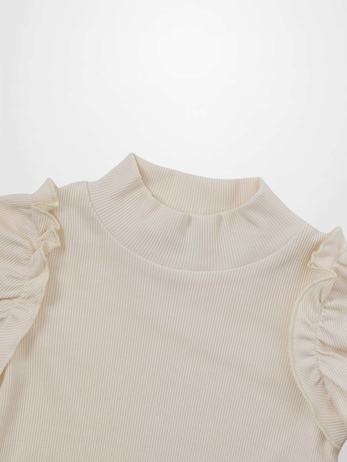 Ruffle Puff Sleeve Mock Neck Shirt - Ivory; ribbed knit girls top by Adee.