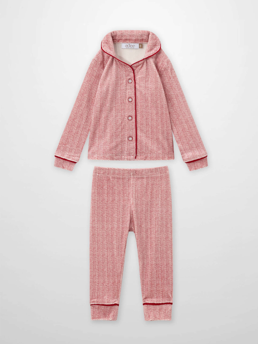 Herringbone Pajamas for girls in red, two-piece set with red piping and button-front top by Adee