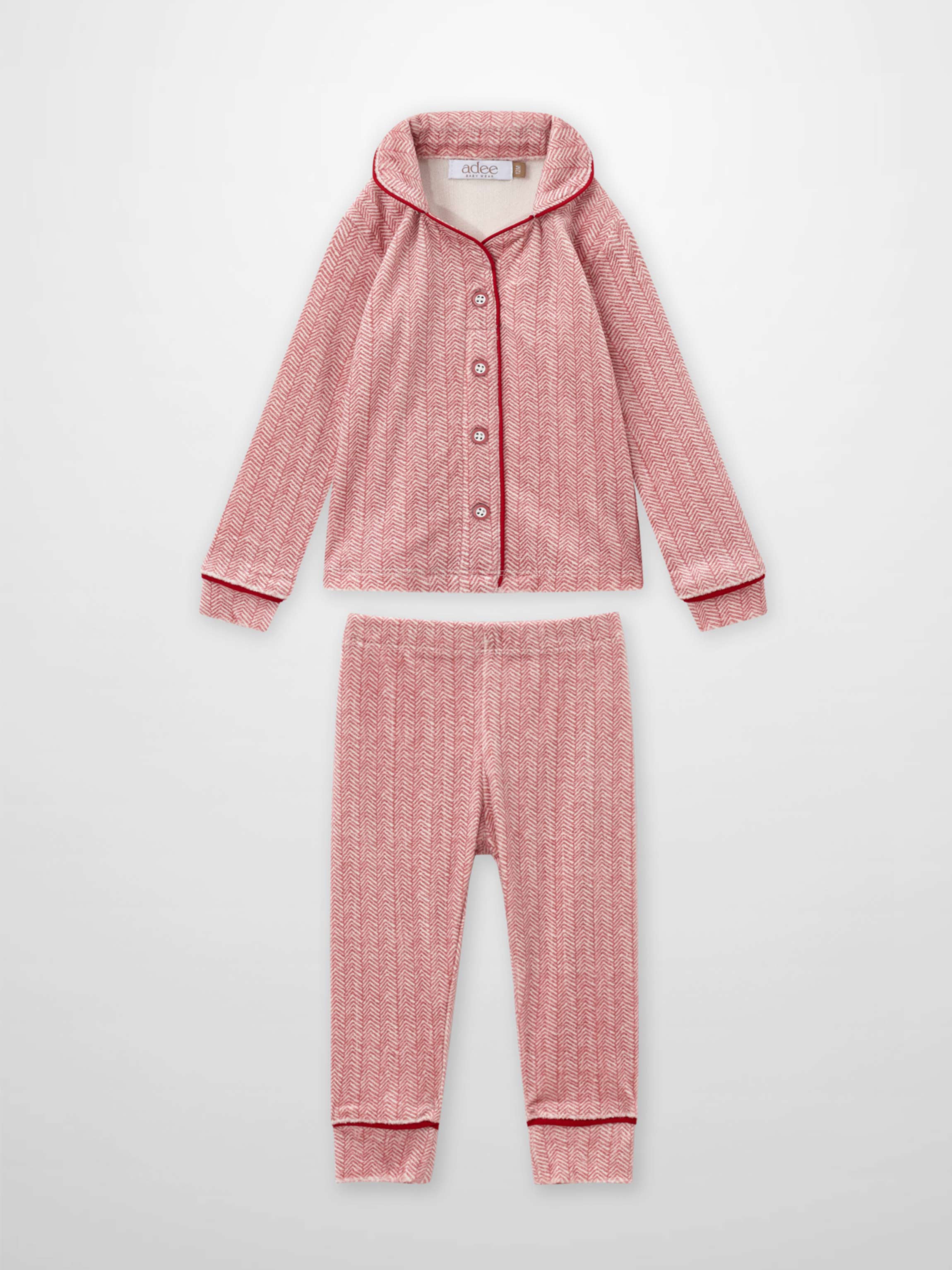 Herringbone Pajamas for girls in red, two-piece set with red piping and button-front top by Adee