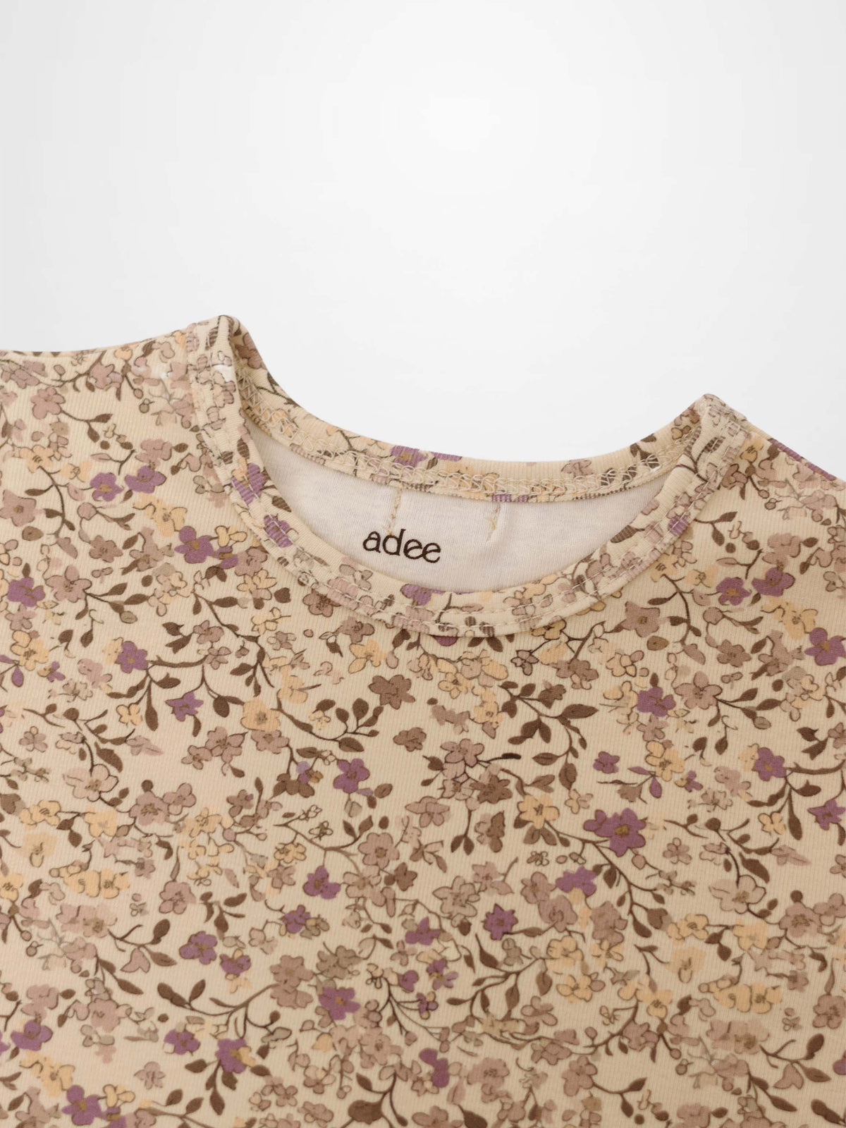 Purple Flower Short Sleeve Shirt for girls, Adee T-shirt in beige floral print