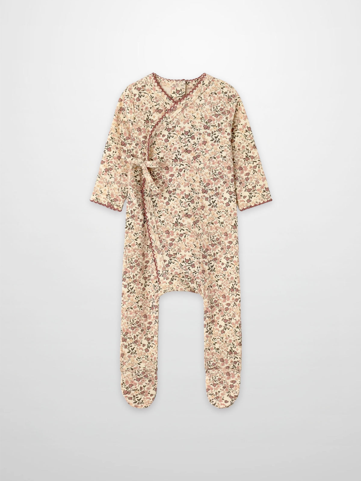 Purple Flower Stretchy girls romper with all-over floral print, wrap-front tie, footed, Adee