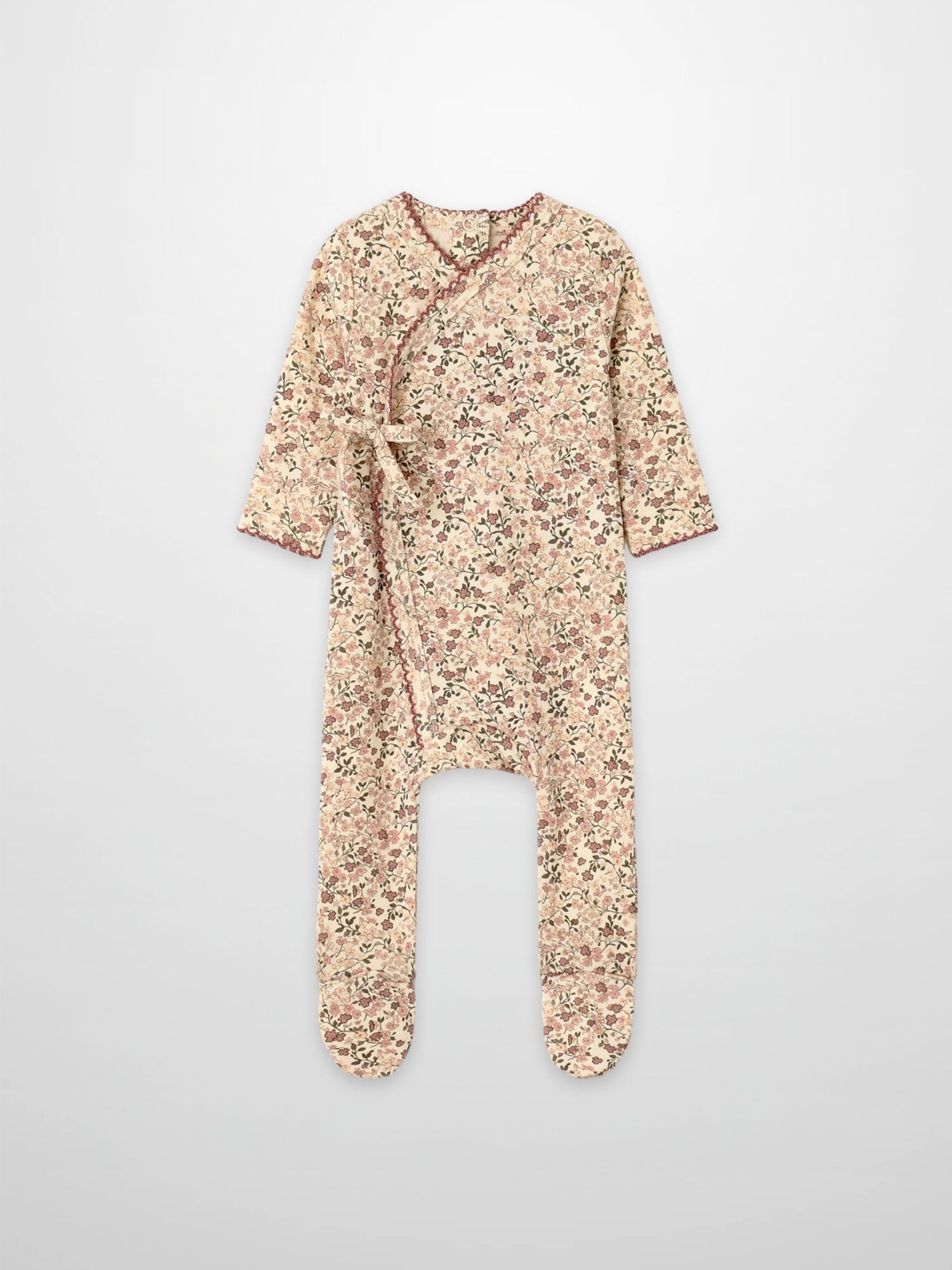 Purple Flower Stretchy girls romper with all-over floral print, wrap-front tie, footed, Adee