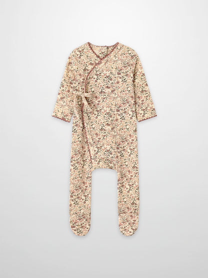 Purple Flower Stretchy girls romper with all-over floral print, wrap-front tie, footed, Adee